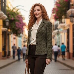 Doncaster Silk Blend Tweed Boucle Blazer Jacket Olive Green Womens Size 6 NWT